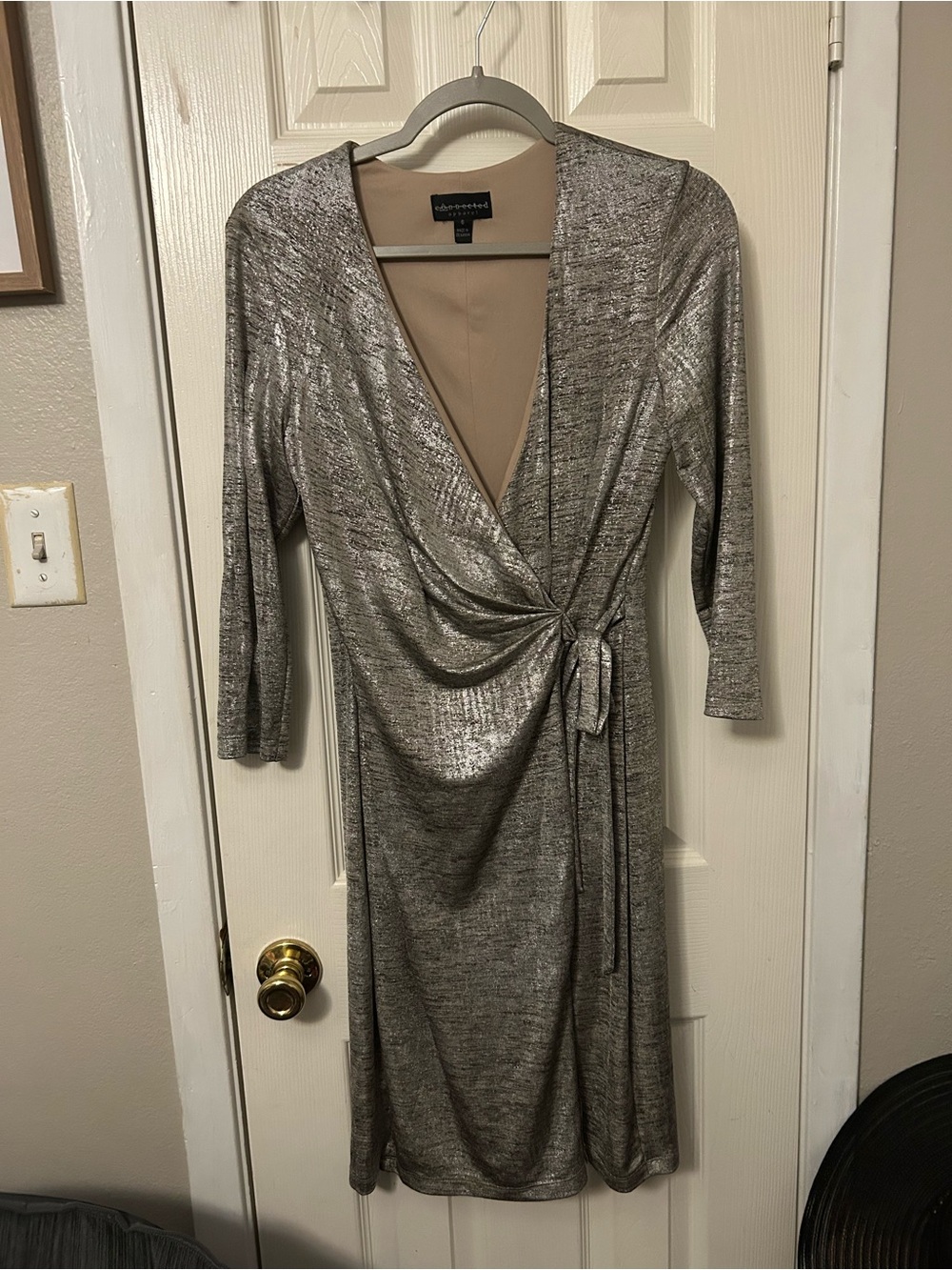 connected apparel Metallic Silver Wrap Dress